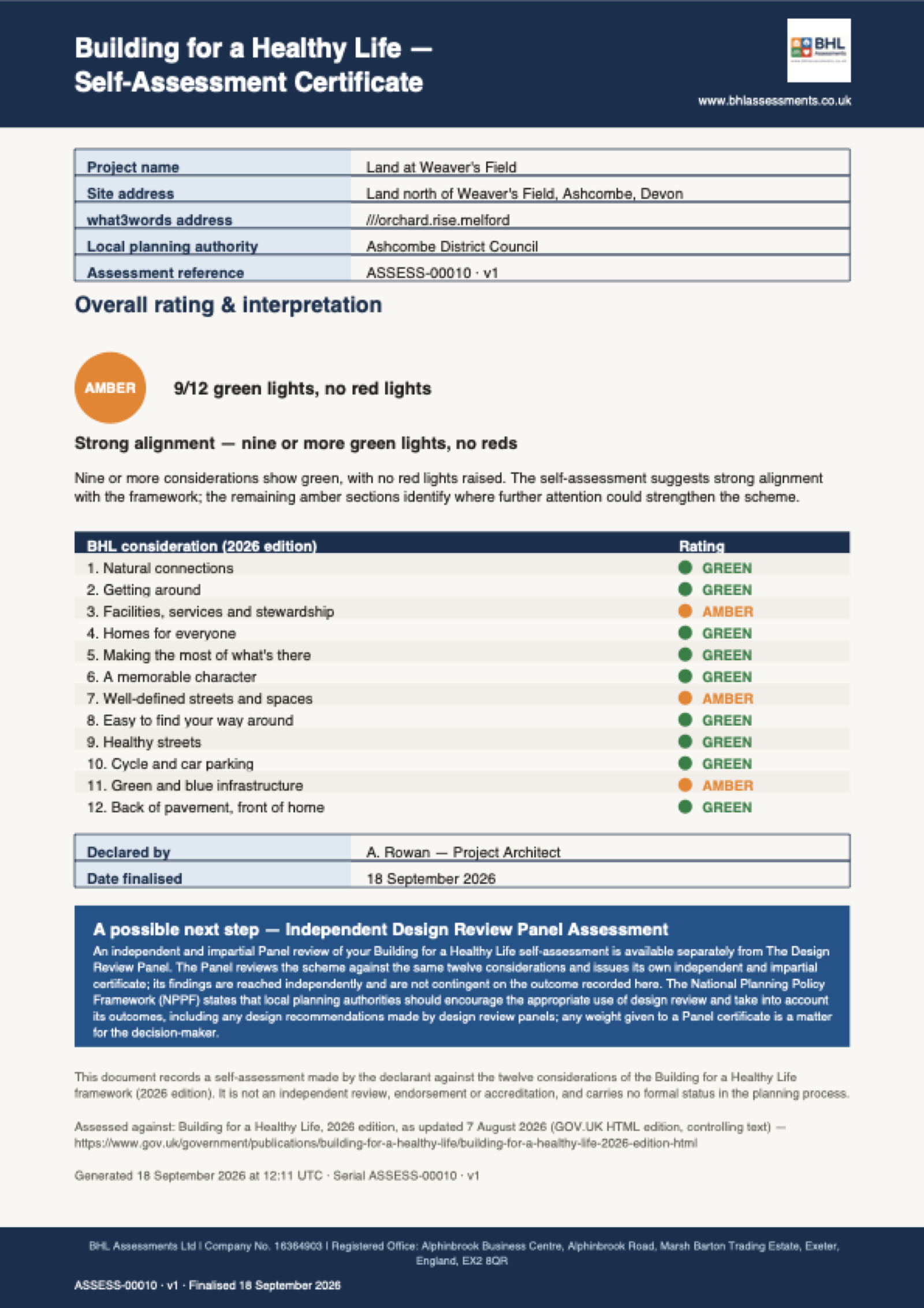 An example Self-Assessment Certificate, showing the position across the twelve considerations, the interpretation and the standing disclaimer.
